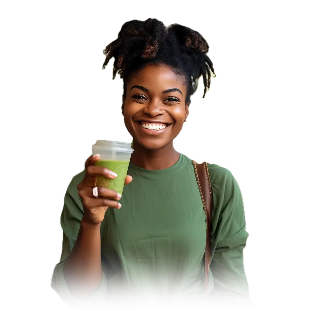 Girl holding a cup of Matcha tea and giving a thumbs up