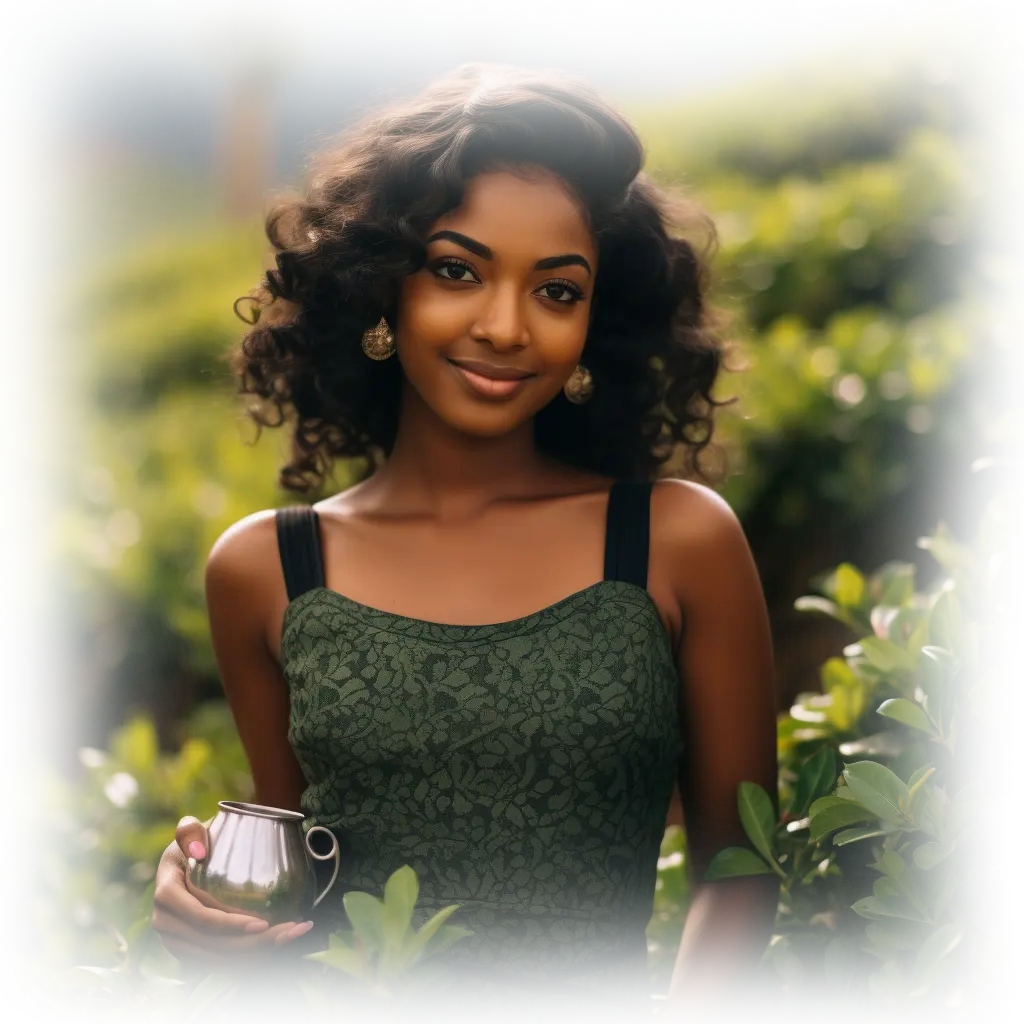 Happy young woman smiling on a lush green tea plantation